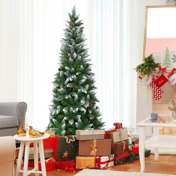Kunstpotlood, kerstboom met dennenappels, sneeuwbedekte dennenboom met metalen standaard, pvc-naalden, kunstboom, kerstklapsysteem, 180 cm