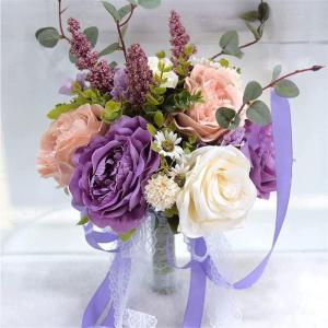 Hochzeitsstrauß for die Braut mit künstlichen Blumen, 10-Zoll-Hochzeitssträuße, künstlich blühende Rosen, Brautjungfernstrauß, Seidenrosen-Wurfsträuße.(Purple)