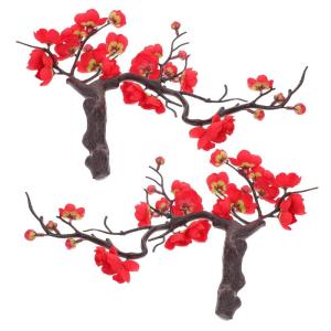 2st Simulation Pflaumenblüte Gefälschte Pflaumenblüten-Picks Künstliche Pflaumenblüte Vasenfüllungsdekore Künstliche Zweige Partydekorationen Vase Pflaumenblütendekor Rot P