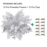 GL-Turelfies 12 STK. Glitzer Weihnachtsblumen (15cm/5,9'') mit 12 STK. Clips Künstliche Weihnachtsstern Blumen Weihnachtsbaum Blumenschmuck Weihnachtsbaum Ornamente (Silber)