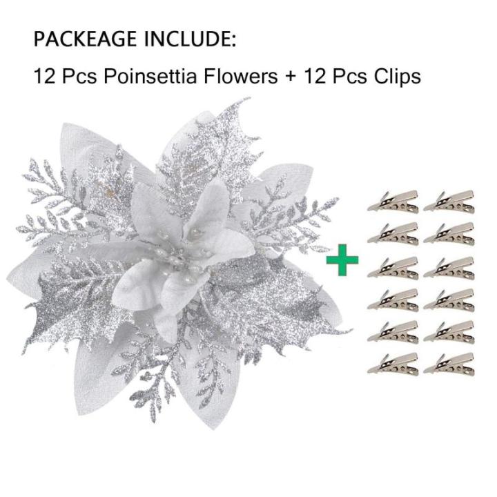 GL-Turelfies 12 STK. Glitzer Weihnachtsblumen (15cm/5,9'') mit 12 STK. Clips Künstliche Weihnachtsstern Blumen Weihnachtsbaum Blumenschmuck Weihnachtsbaum Ornamente (Silber)