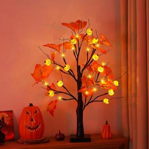 Halloween decoratie voor binnen, zwart esdoornblad, boomverlichting met 24 leds, Halloween-decoratie, griezelige lichtboom met led-spinnenlicht, berkenboom met timer voor Halloween