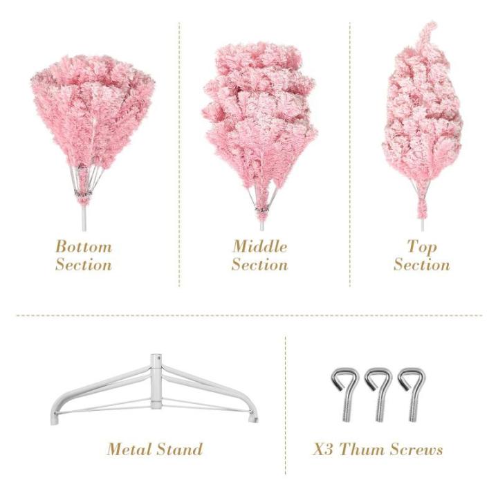 210 cm kerstboom bevlokt roze met volle vlokken decoratie met sneeuwvlokken, 1200 takpunten dennenbladeren van pvc en stabiele basis, kerstboom voor kerstdecoraties