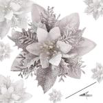 15 stuks 14 cm kerst kunstmatige kerstster bloemen glitter met clips stengels kerstboom ornamenten voor krans feest bruiloft Nieuwjaar decoratie (zilver)