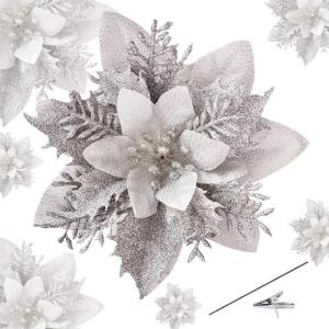 15 stuks 14 cm kerst kunstmatige kerstster bloemen glitter met clips stengels kerstboom ornamenten voor krans feest bruiloft Nieuwjaar decoratie (zilver)