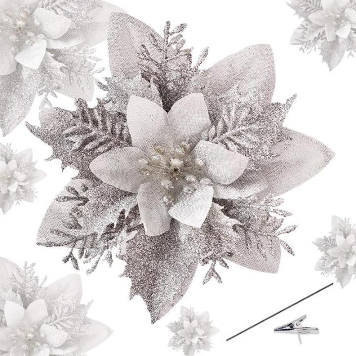 15 stuks 14 cm kerst kunstmatige kerstster bloemen glitter met clips stengels kerstboom ornamenten voor krans feest bruiloft Nieuwjaar decoratie (zilver)