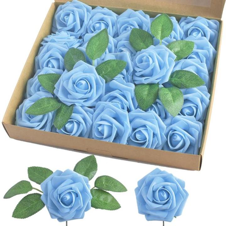 Kunstroos, van schuim met stengel voor thuisdecoratie, bruidsboeketten, feesten, tafelversiering, jubilea, 25 stuks, blauw