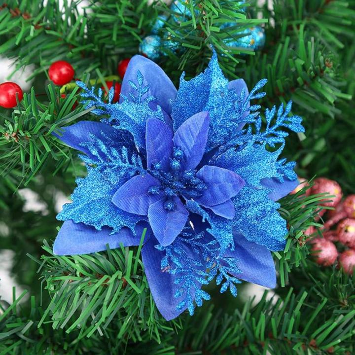 GL-Turelfies 12 STK. Glitzer Weihnachtsblumen (15cm/5,9'') mit 12 STK. Clips Künstliche Weihnachtsstern Blumen Weihnachtsbaum Blumenschmuck Weihnachtsbaum Ornamente (Blau)