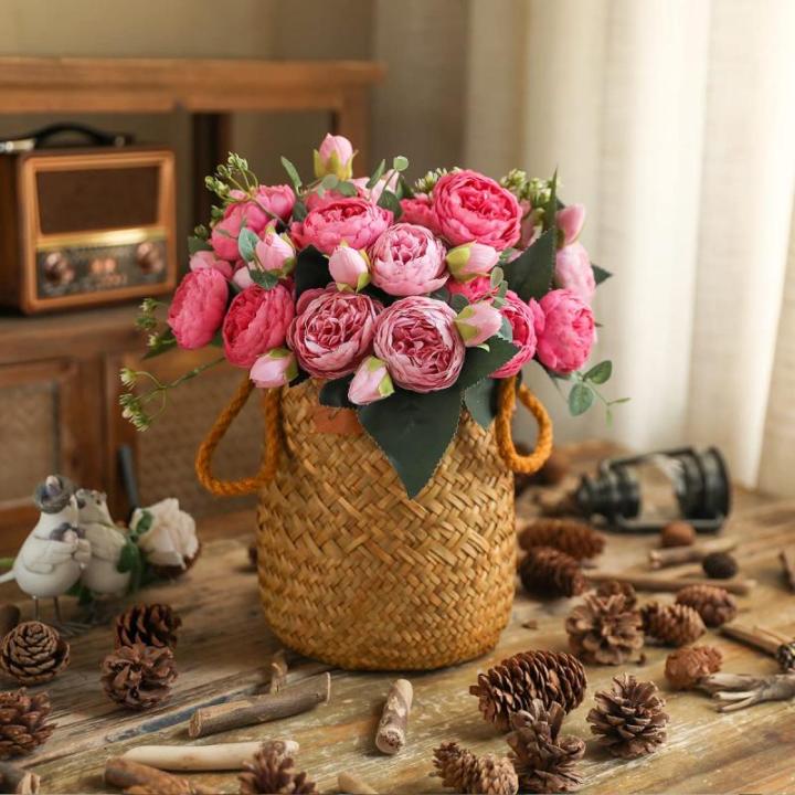 4 bossen kunstmatige bloemen pioen zijde pioenrozen boeketten nep bloemen boeketten bruiloft decoratie thuis tafel keuken kantoor tuin bruids groen (diep roze)