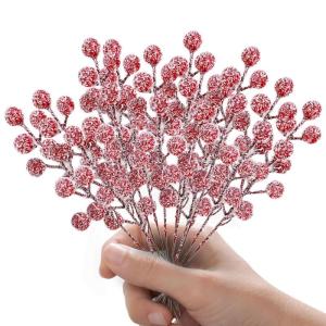 Künstliche rote Beeren für Weihnachten, 20 Stück, verschneite Stechpalmenbeeren, Winterbeeren, Zweige für Weihnachtskranz, Weihnachtsbaumschmuck, Heimdekoration, Party-Dekorati