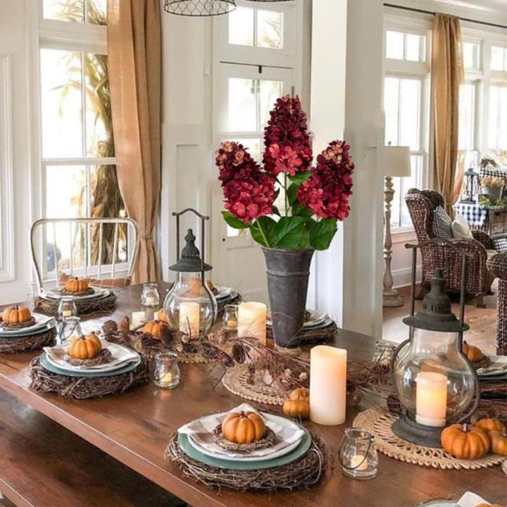 Set van 3 kunstmatige hortensia's als echte esdoortensia, 73 cm, donkerrode decoratieve bloemen, kunsttakken voor bloemstuk, thuis, resto herfstdecoratie