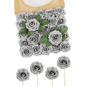 Kunstbloemen, 25 stuks kunstrozen, bloemen met stengels, echte touch, kunstschuim, rozen voor bruiloft, boeketten, feest, kantoor, baby, douche, thuis, kerstdecoratie (zilver)