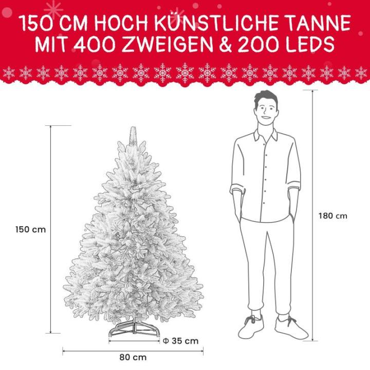 Niwa Kerstboom met verlichting, versierde flock-look, 2-in-1 kunstkerstboom met lichtketting, 200 warm wit licht en 400 PE + pvc-takken, opvouwbare dennenboom (H150 cm)