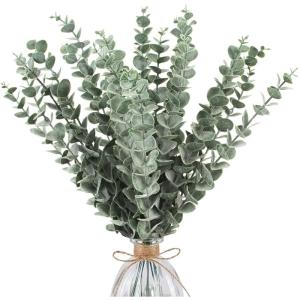 24 stuks eucalyptus kunstmatige, donkergroene kunstmatige eucalyptusplant, bladeren, decoratie, zilveren dollar voor bruiloftsfeesten, feesten, thuis, tafeldecoratie, bloemenarrang