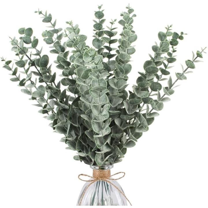 24 stuks eucalyptus kunstmatige, donkergroene kunstmatige eucalyptusplant, bladeren, decoratie, zilveren dollar voor bruiloftsfeesten, feesten, thuis, tafeldecoratie, bloemenarrang