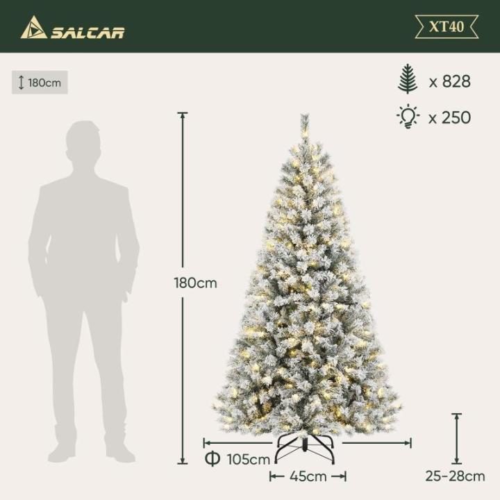 Kunstkerstboom van 180 cm met sneeuw en verlichting, dennenboom met 828 takpunten en 250 warmwitte leds, snel op te bouwen klapsysteem, kerstboom, incl. kerstboomstandaard