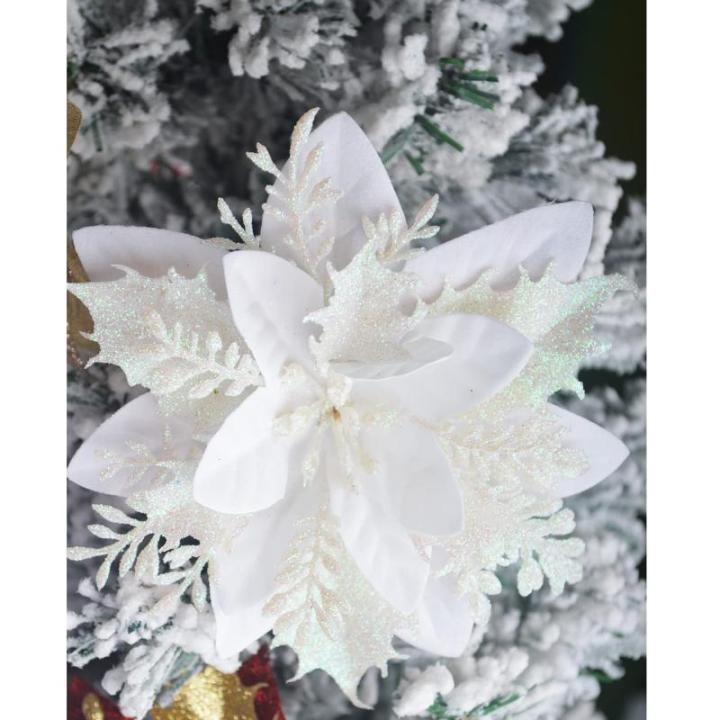 GL-Turelfies 12 STK. Glitzer Weihnachtsblumen (15cm/5,9'') mit 12 STK. Clips Künstliche Weihnachtsstern Blumen Weihnachtsbaum Blumenschmuck Weihnachtsbaum Ornamente (Weiß)
