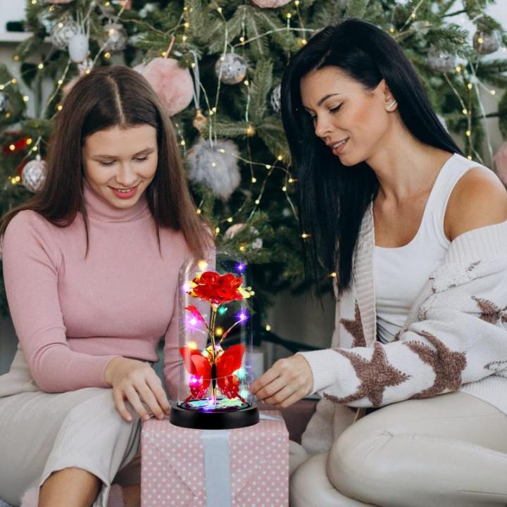 De eeuwige roos "Belle und the Beast", Galaxy Rose, cadeau voor vriendin, roos in een glazen koepel met ledlicht, cadeau voor mama (rood)