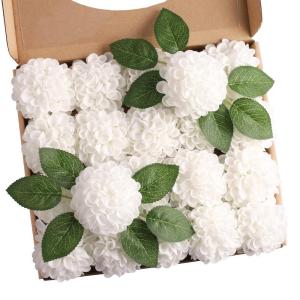 , 20 stuks dahlia-bloemen met bladeren en stelen, doe-het-zelf witte dahlia-schuim bloem voor bruiloft, boeketten, bloemen, centerpieces, arrangementen feesttafels,
