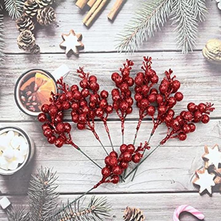 30 glitzernde künstliche Glitzer-Beerenstiel-Ornamente, Weihnachtsbaum-Plektren, glitzernde Zweige für Weihnachtsbaumdekoration, DIY, Basteln, Dekoration, Heimdekoration (rot)