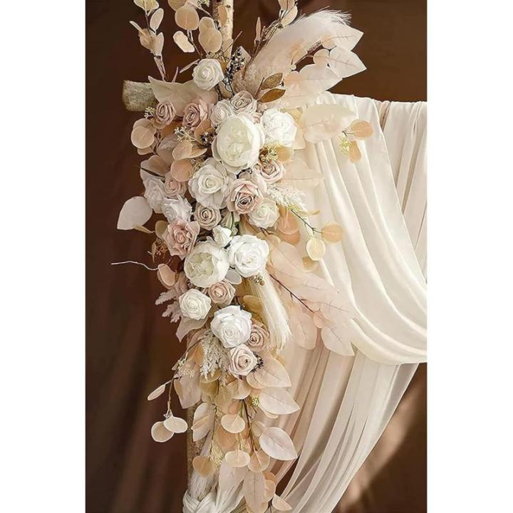 Künstliche Hochzeitsbogenblumen (5er-Pack) mit 2 Blumengirlanden und 3 durchscheinenden Gaze-Drapierstoffen für Hochzeitsfeier, Kaminsims, Tischläufer, Heimdekoration, 6 Stück