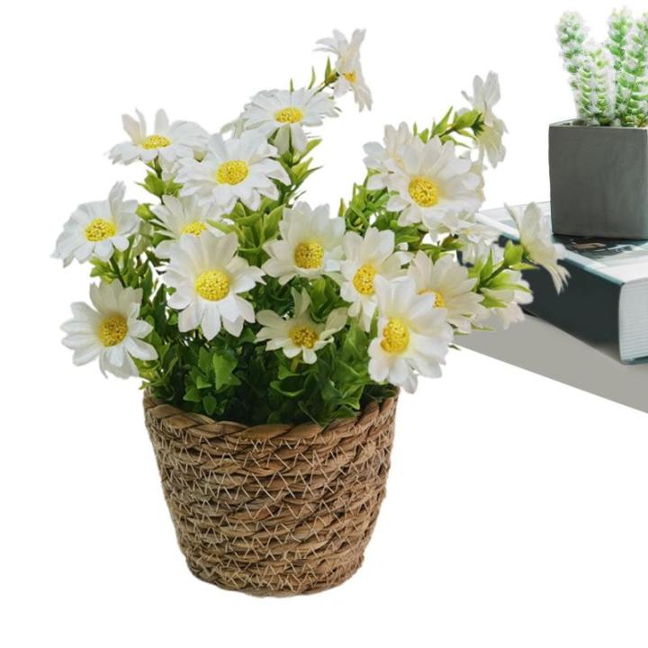 Künstliche Blumen im Topf,Künstliche Topfblumen,Blumenarrangement mit Gänseblümchen im Rattantopf | Seidiger künstlicher Gänseblümchen-Rattan-Topf-Bonsai für die Tischdekor