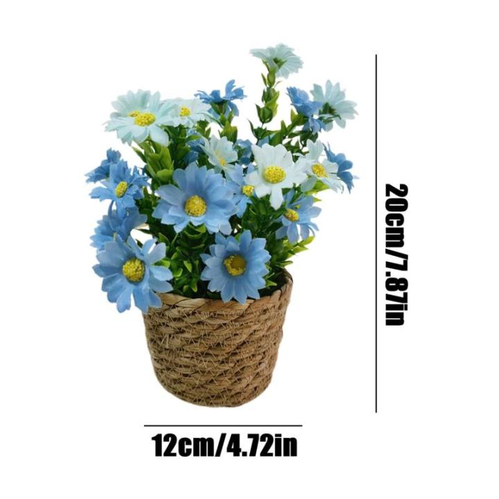 Künstlicher Gänseblümchentopf, kleine Kunstpflanzen mit Topf - Blumenarrangement mit Gänseblümchen im Rattantopf,Seidiger künstlicher Gänseblümchen-Rattan-Topf-Bonsai für 