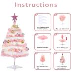 Kleine roze kerstboom, 60 cm mini-kerstboom met led-lichtketting en hangende ornamenten, werkt op batterijen, doe-het-zelf kerstboom voor kerstdecoraties