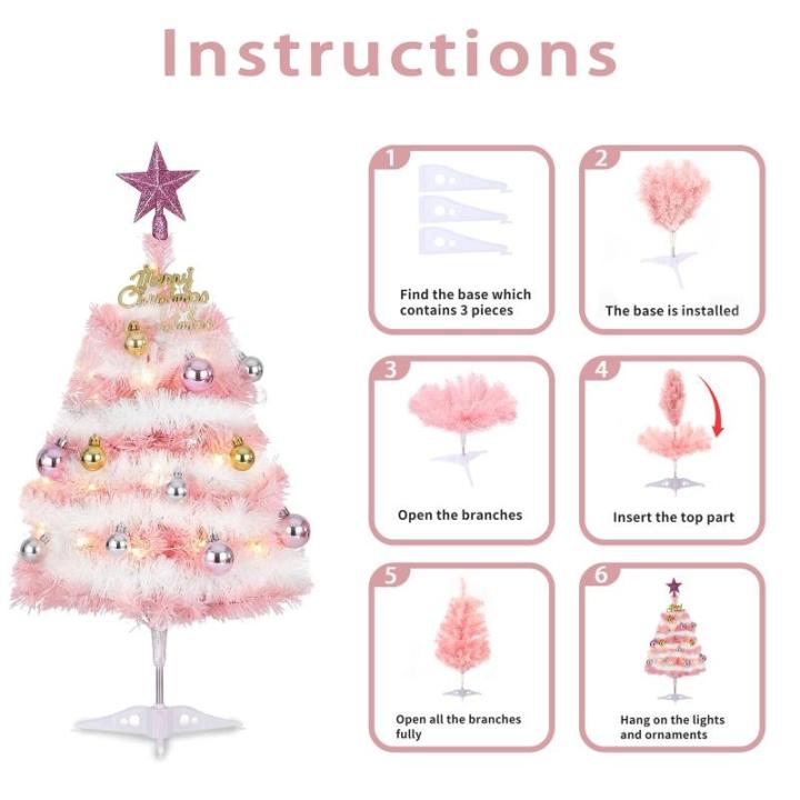 Kleine roze kerstboom, 60 cm mini-kerstboom met led-lichtketting en hangende ornamenten, werkt op batterijen, doe-het-zelf kerstboom voor kerstdecoraties