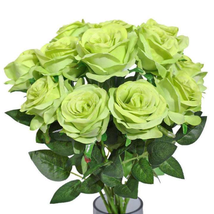 Kunstmatige Zijde Roos Bloem Enkele Stam Levensechte Nep Roos voor Bruiloft Boeket Bloemenarrangementen Huis Feest Bloemstuk Decoratie, 10 stuks (Groen)