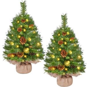 Set van 2 61 cm mini-kunstkerstboom met 35 warmwitte ledlampen en 12 dennenappels, kleine kerstboom, tafel, dennenboom voor kerstdecoratie, groen