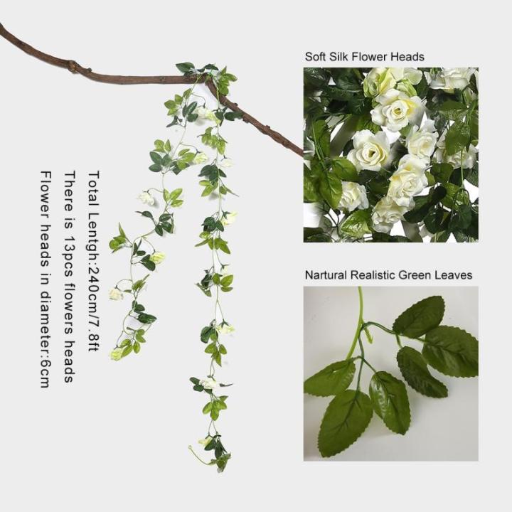 2 stuks 240 cm lange tweekleurige kunstrozenslinger wijn hangen zijde bloem kunstmatige bloem decoratie voor buiten- en binnen, bruiloft, muur (wit)