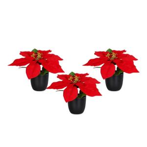Poinsettia Kunstkerstster in zwarte pot, 20 cm, set van 3 kunstbloemen in natuurgetrouwe replica, kerstbloem, decoratie, plant, zijdebloem, kunstplant, winterbloem met fluweelachti