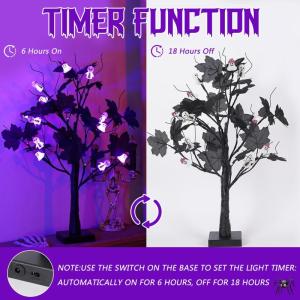 Halloween Dekor Innen Schwarz Ahornblatt Baum Lichter mit 24 LEDs,Halloween Deko Gruselig Lichterbaum mit LED Spinnenlicht,Birkenbaum mit Timer für Halloween Decoration Tischlicht