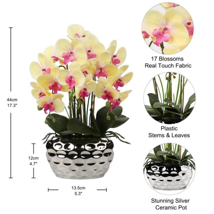 Kunstplant orchideeën kunstbloemen kunstbloemen als echt met echte bloemen in keramische pot tafeldecoratie vensterbank decoratie, hoogte 44 cm, geel