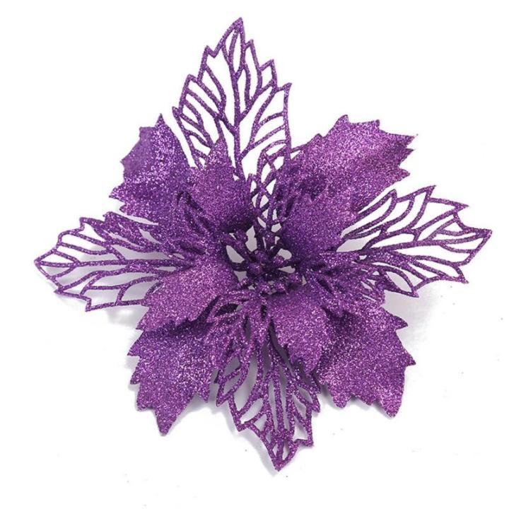 Poinsettia Kerstster met clips, 10 stuks, glinsterend voor kerstboomdecoraties, kerstbloemen voor Kerstmis, tuin, Nieuwjaar, kransen, paars