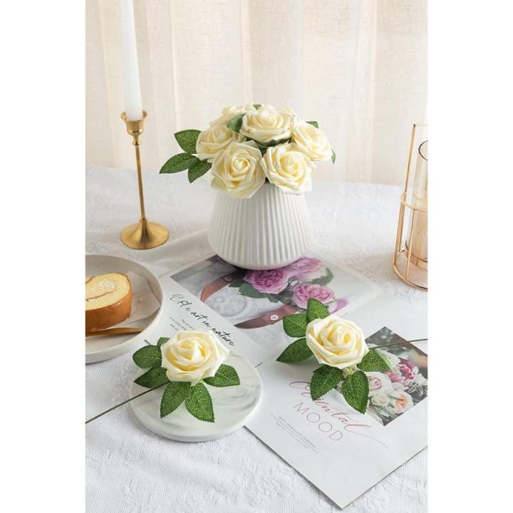 25 stks Echt uitziende Nep Rose Hoofd, Faux Bloemen Realfor DIY Bruiloft Boeketten Centerpieces Arrangementen Party Home Decorations, Beige