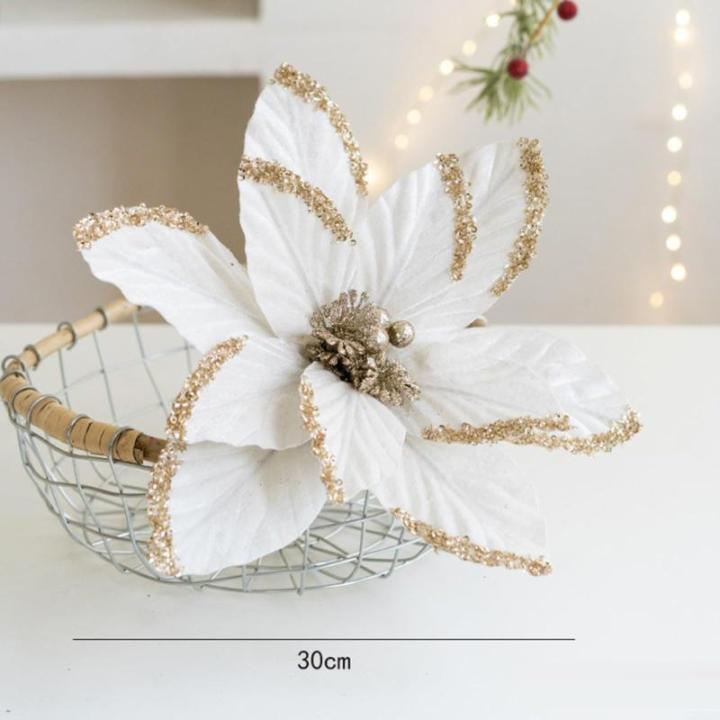 30 cm Weihnachtsblumen, weihnachtliche Glitzer-Weihnachtssterne, Weihnachtsbaumschmuck-Anhänger, handgefertigte Weihnachtsdekoration, künstliche Blumen(Cremeweiß)
