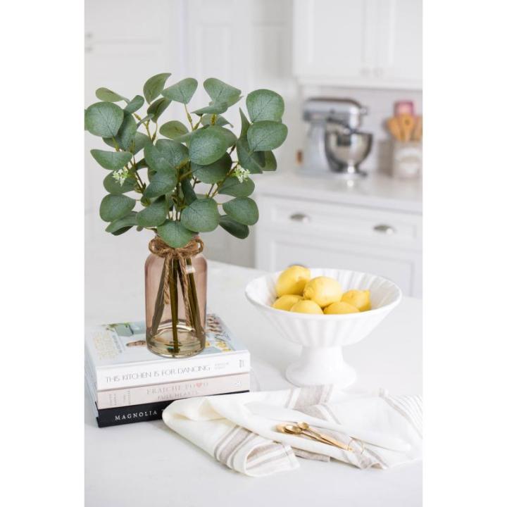 Kunstmatige eucalyptus takken met glazen vaas, eucalyptus kunststof plant, eucalyptus, realistische eucalyptus, decoratie, zilveren dollar voor bruiloft, tafeldecoratie, kantoor, w