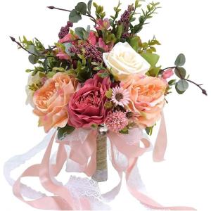 Hochzeitsstrauß for die Braut mit künstlichen Blumen, 10-Zoll-Hochzeitssträuße, künstlich blühende Rosen, Brautjungfernstrauß, Seidenrosen-Wurfsträuße.(Pink)