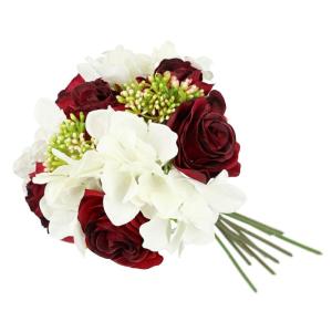Kunstrozenboeket met hortensia, rozen, boeket, kunstboeket, zijden bloemen, boeket, hortensia-boeket, kunstbloemen, bruiloft, wijnrood/wit