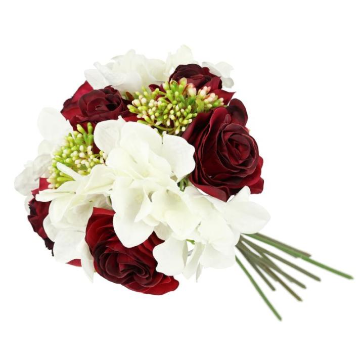 Kunstrozenboeket met hortensia, rozen, boeket, kunstboeket, zijden bloemen, boeket, hortensia-boeket, kunstbloemen, bruiloft, wijnrood/wit