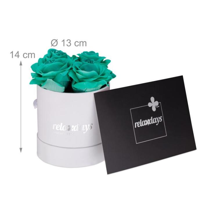 Rozenbox rond, 4 rozen, stabiele bloemenbox, wit, 10 jaar houdbaar, cadeau-idee, decoratieve bloemenbox, turquoise, 14 x 13 x 13 cm