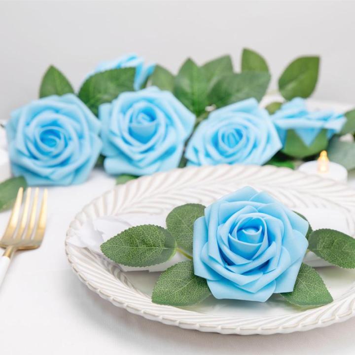 Kunstbloemen, rozen, 25 stuks, Real Touch, kunstrozen met stammen, doe-het-zelf voor bruiloft, bruidsboeketten, Valentijnsdag, Moederdag, babyshower, woondecoratie (lichtblauw)