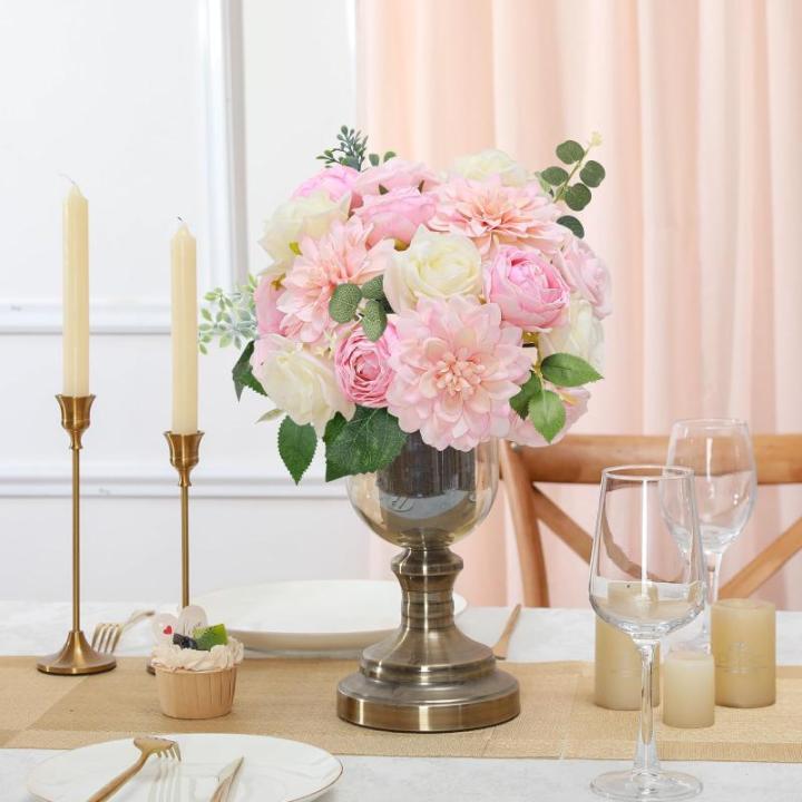 Roze kunstbloem combo nep roos faux dahlia bloemen met stengels voor doe-het-zelf bruiloft bruidsboeket feest woondecoratie (roze roze)