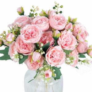 4 trossen pioenrozen voor decoratie kunstrozen nepboeket echte touch zijden bloemen voor vaas bruiloft woondecoratie (beige)