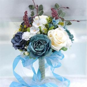 Hochzeitsstrauß for die Braut mit künstlichen Blumen, 10-Zoll-Hochzeitssträuße, künstlich blühende Rosen, Brautjungfernstrauß, Seidenrosen-Wurfsträuße.(Blue)