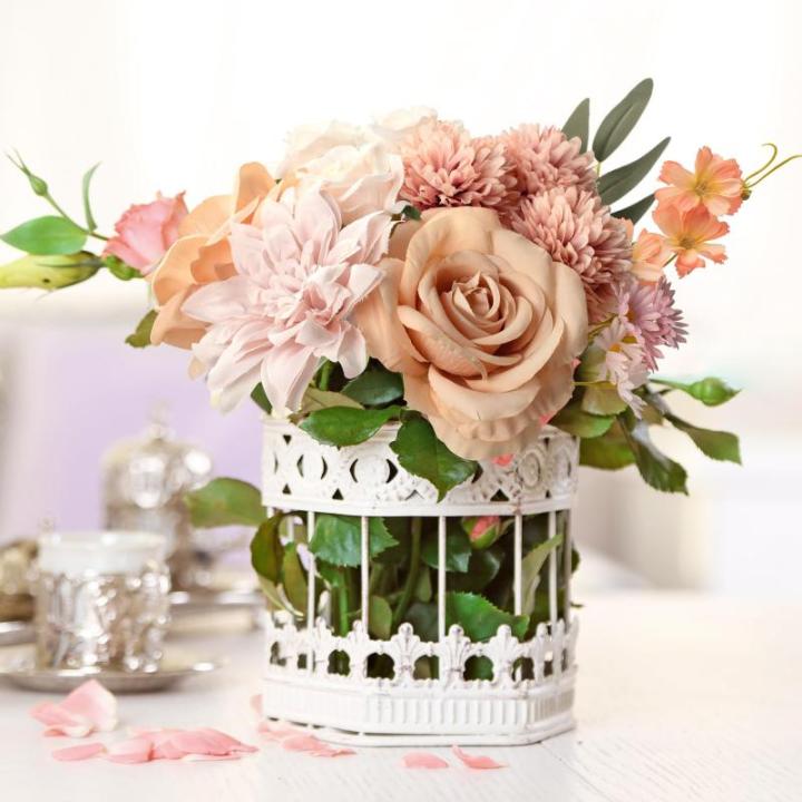 Gemischte Kunstblumen, Verschiedene Künstliche Seidenblumen mit Dahlien Rosen mit Stiel für DIY Basteln Hochzeitssträuße, Tafelaufsätze, Kuchenblumen, Arrangements, Party Heim