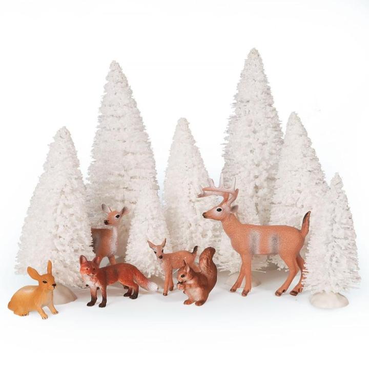 14 stuks mini-figuren, kerstboom, kunstornament, miniatuur, dennenboom, hert, haas, vos, eekhoorn, rendier, kleine kerstfiguren, kerstversiering om te knutselen, Xmas