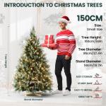 Kunstkerstboom met sneeuweffect, dennenappels, verlichting, 150 cm, automatische dennenboom, kunstkerstboom van pvc en PE, met houten standaard, Nordmann-spar, moeilijk ontvlambare